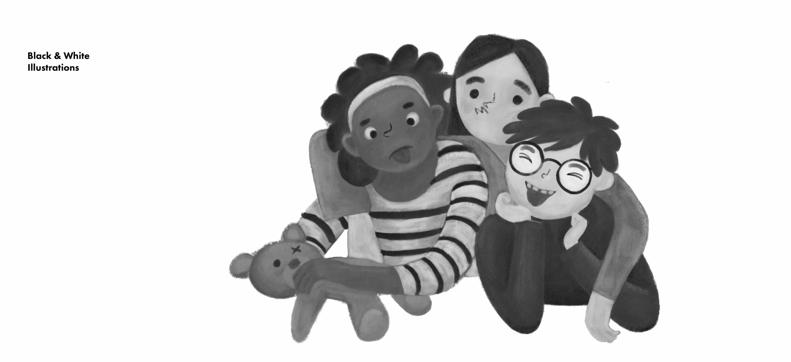 Black and white children's book illustrations by illustrator Clara Gilod