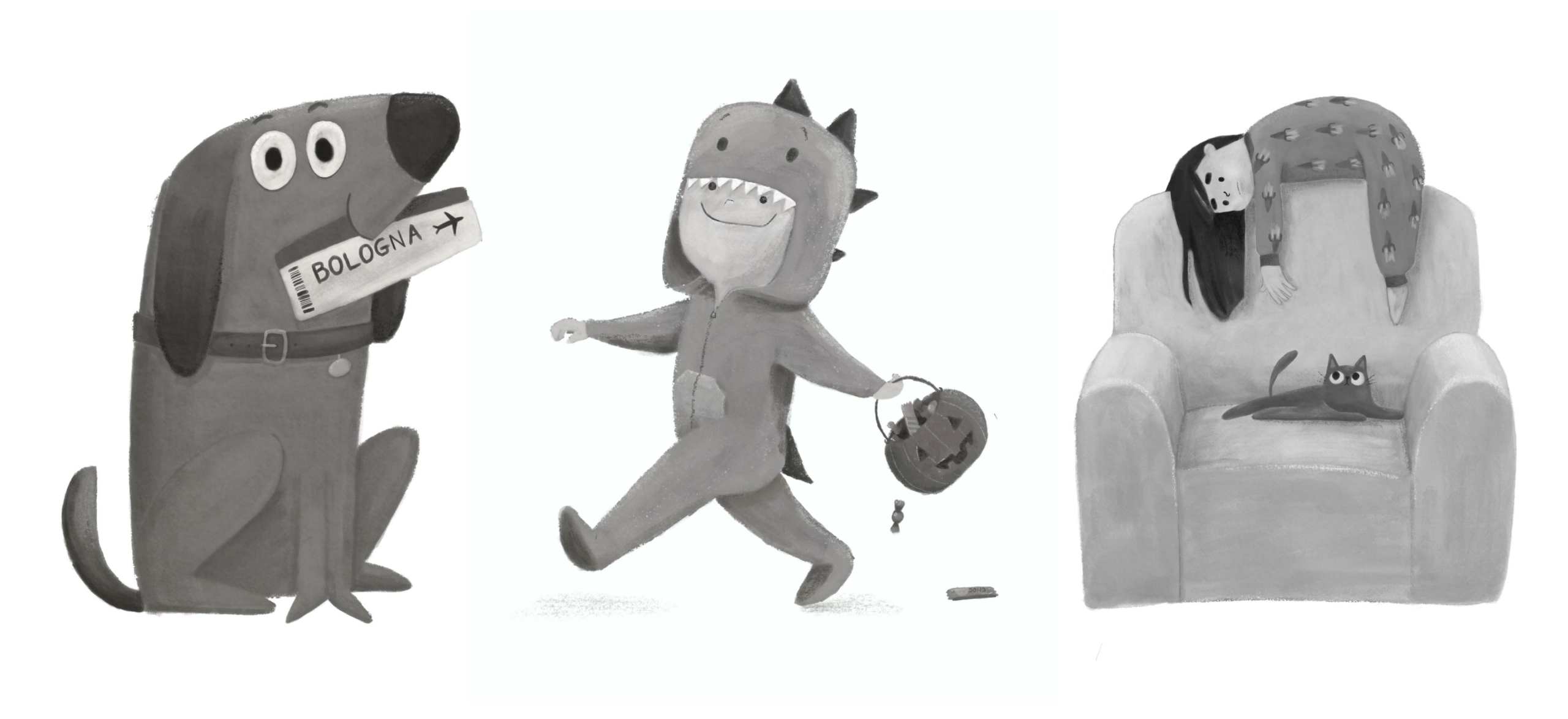 Black and white children's book illustrations by illustrator Clara Gilod